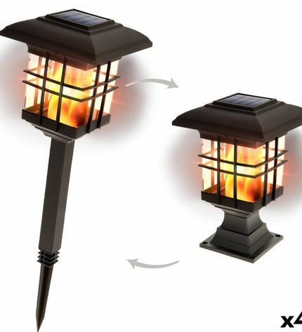 Set of four Aktive solar outdoor garden lights with decorative plastic design, measuring 13.5 x 46 x 13.5 cm each.