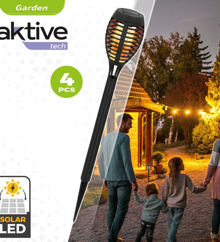 Set of four Aktive solar outdoor garden torch lights, 7.5 x 50 x 7.5 cm, made of plastic for decorative outdoor lighting.
