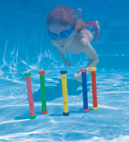 Colorful Intex underwater diving toys set with five different pieces for kids' water play and swimming fun.
