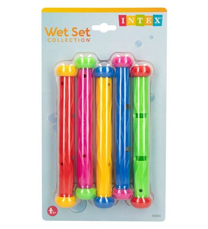 Intex underwater diving toys set with five colorful pieces for swimming and water play, 12-piece waterproof toy collection.