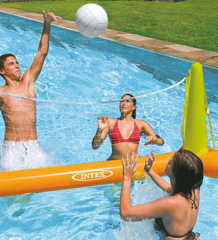 Six Intex beach volleyballs in a set, featuring bright colors, designed for outdoor play and beach volleyball games.