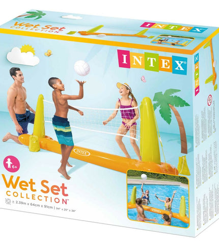 Intex beach volleyball set with six colorful balls and net, designed for outdoor sports and beach games.