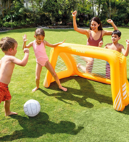Inflatable orange goal by Intex for outdoor sports and games, shown in a vibrant outdoor setting.