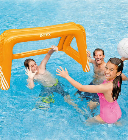 Intex orange inflatable goal for outdoor sports and games, perfect for backyard soccer or volleyball matches.