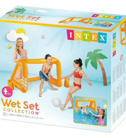 Inflatable orange soccer goal by Intex, suitable for outdoor play and sports activities, shown in a vibrant outdoor setting.