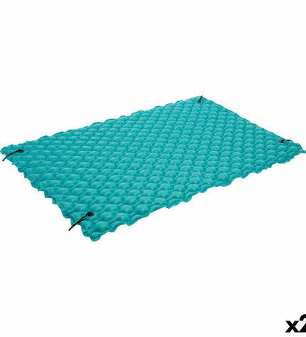 Two turquoise inflatable mattresses by Intex, 290 x 213 cm, shown with a blanket for outdoor and play use.