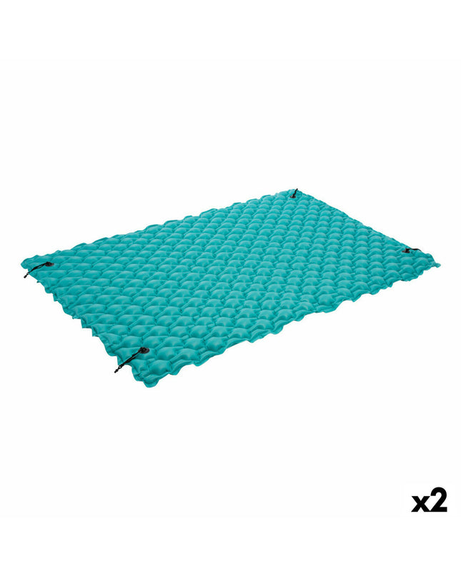 Two turquoise inflatable mattresses by Intex, 290 x 213 cm, shown with a blanket for outdoor and play use.