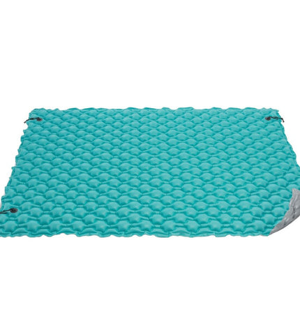 Two turquoise inflatable mattresses by Intex, measuring 290x213 cm, laid out flat for outdoor play or relaxation.