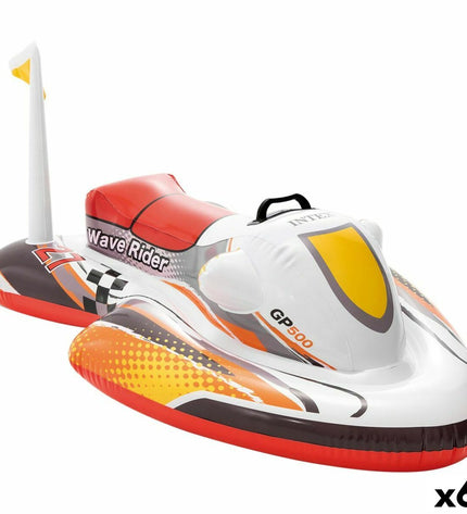 Six Intex Wave Rider inflatable pool toys shaped like motorbikes, each measuring 117x58x77 cm, suitable for outdoor water play.