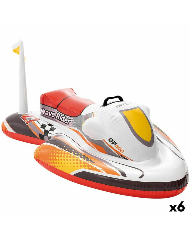 Six Intex Wave Rider inflatable pool toys shaped like motorbikes, each measuring 117x58x77 cm, suitable for outdoor water play.