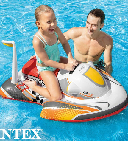 Six Intex Wave Rider inflatable pool figures shaped like motorcycles, measuring 117 x 58 x 77 cm, for outdoor pool fun.