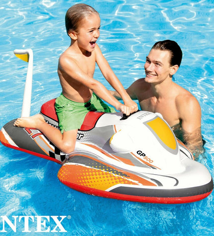 Six Intex Wave Rider inflatable pool figures resembling motorbikes, each measuring 117x58x77 cm, designed for outdoor water play.