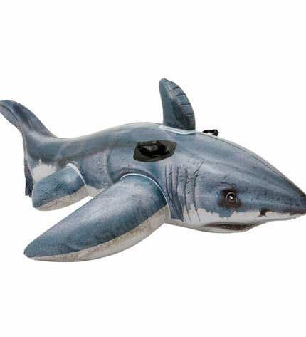 Set of six Intex inflatable shark pool toys, 173 cm long, colorful and playful for outdoor swimming and water play.