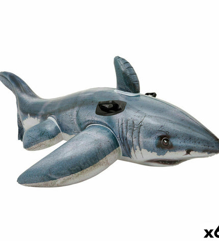 Six Intex inflatable shark pool figures, each 173 x 5.6 x 10.7 cm, suitable for outdoor play and pool decoration.
