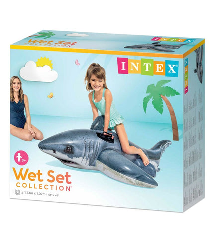 Six Intex inflatable shark pool figures, each measuring 173 x 5.6 x 10.7 cm, designed for outdoor play and swimming fun.