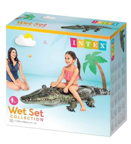 Six Intex inflatable crocodile pool toys, 86 x 20 x 170 cm, colorful and fun for outdoor water play and pool entertainment.