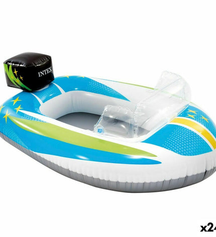 Set of 24 inflatable Intex boats measuring 98x39x72 cm, suitable for outdoor play and water games, in vibrant colors.