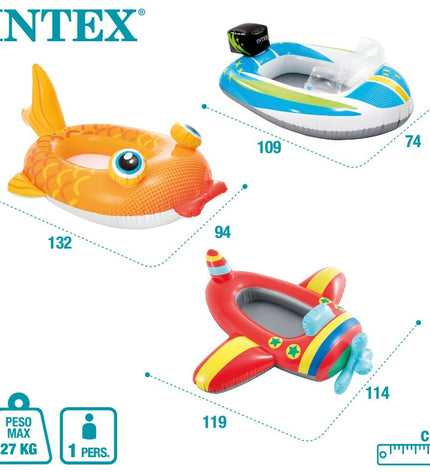 Set of 24 Intex inflatable boats, each measuring 98 x 39 x 72 cm, suitable for outdoor play and water activities.