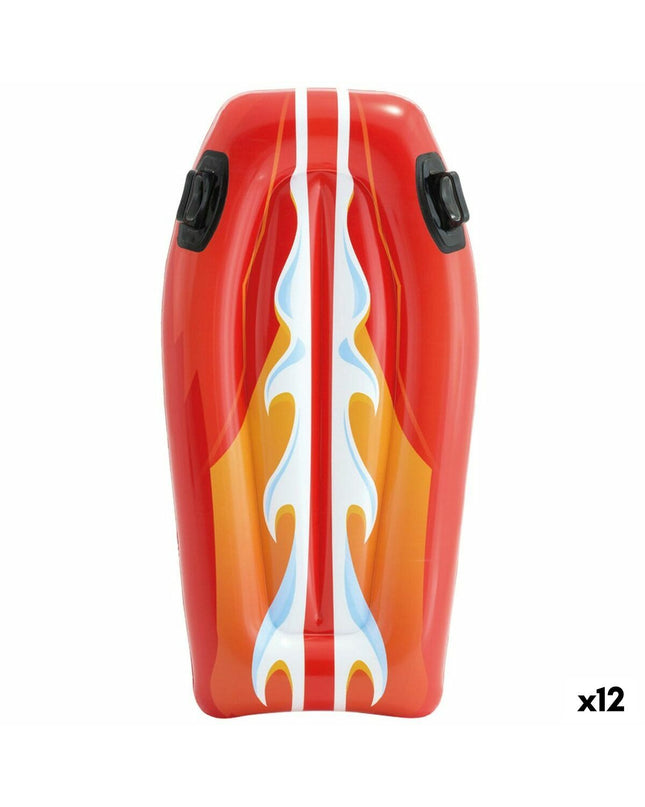 Set of 12 Intex Joy Rider inflatable pool figures shaped like surfboards, each measuring 62 x 112 cm, for outdoor play.
