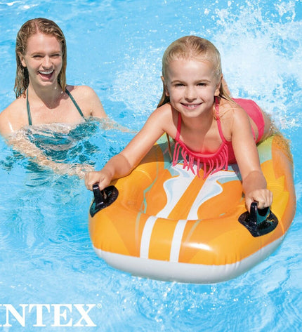 Set of 12 Intex Joy Rider inflatable pool figures shaped like surfboards, 62 x 112 cm, for outdoor water play and fun.