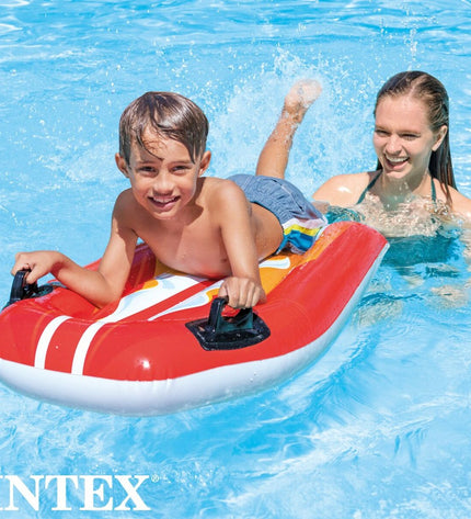 Set of 12 Intex Joy Rider inflatable pool figures shaped like surfboards, 62 x 112 cm, for outdoor water play and games.