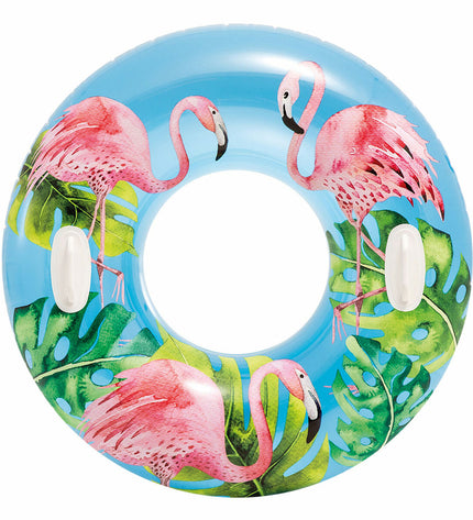 Set of 12 Intex inflatable tropical-themed pool bands, 97 cm diameter, for outdoor water play and fun.