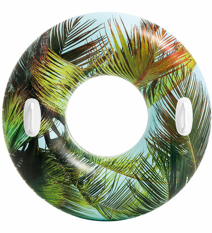 Set of 12 Intex inflatable tropical-themed pool bands, 97 cm diameter, suitable for outdoor play and water activities.