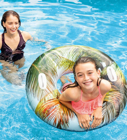 Set of 12 Intex inflatable tropical-themed swimming pool bands, 97 cm diameter, for outdoor play and water activities.