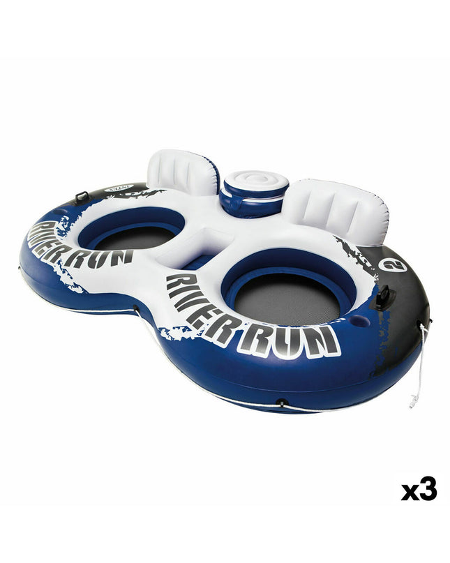Set of three blue and white Intex River Run inflatable pool floats, 243x51x157 cm, designed for outdoor water play.