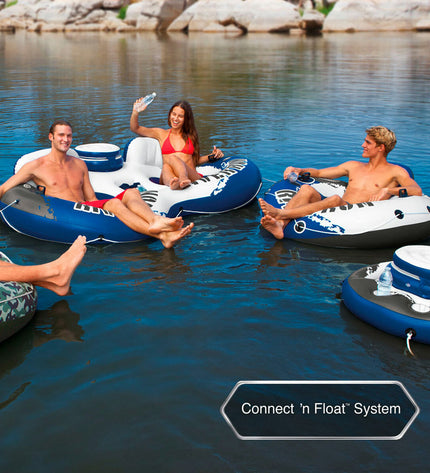 Set of three blue and white inflatable Intex River Run pool floats, 243 x 51 x 157 cm, for outdoor water play.
