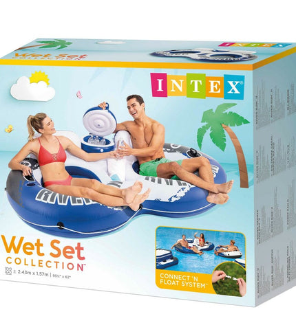 Set of three blue and white Intex River Run inflatable water bands, 243 x 51 x 157 cm, for outdoor water play and games.