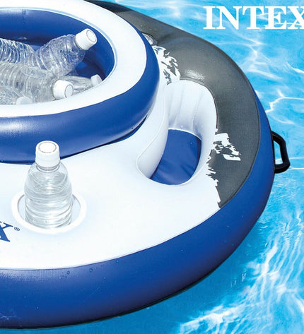 Six Intex Mega Chill floating inflatable coolers, bright blue, 89x35x89 cm, designed for outdoor pool and water fun.