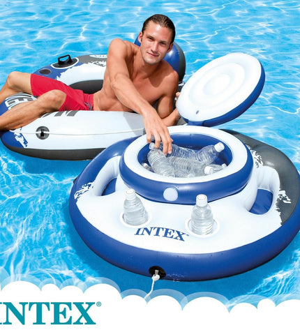 Six Intex Mega Chill inflatable floating coolers, blue with handles, designed for pool fun, measuring 89 x 35 x 89 cm each.