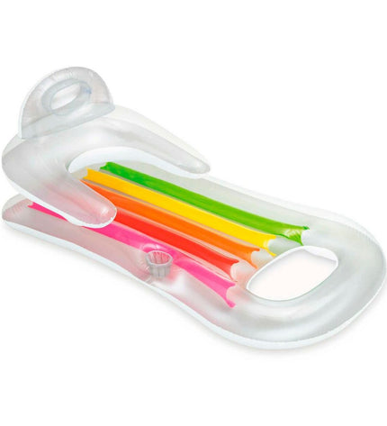 Six Intex inflatable rainbow pool chairs, colorful, compact, and suitable for outdoor pool fun, measuring 160 x 53 x 85 cm.