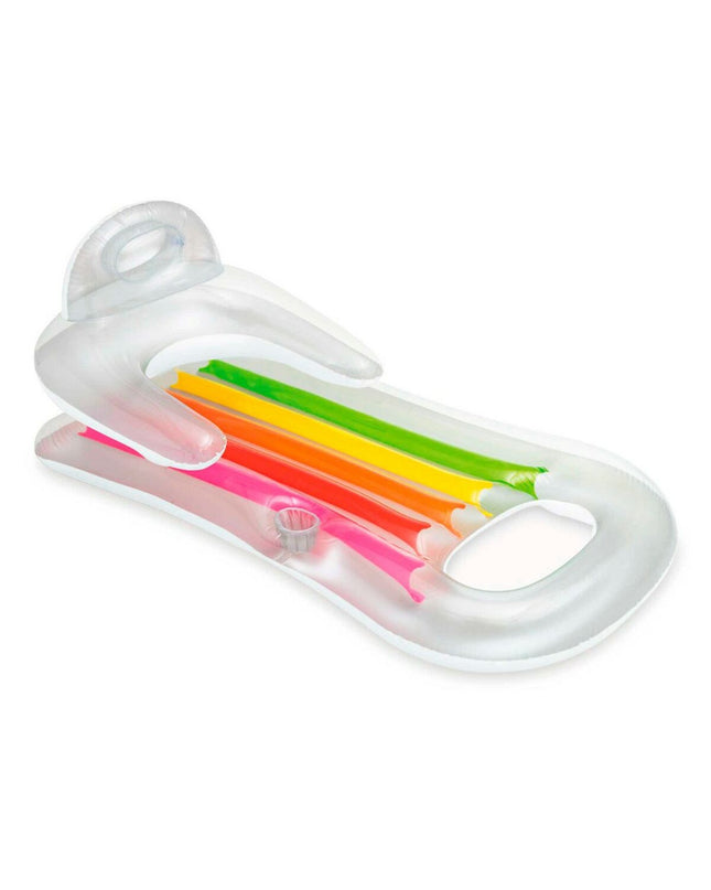 Six Intex inflatable rainbow pool chairs, colorful, compact, and suitable for outdoor pool fun, measuring 160 x 53 x 85 cm.