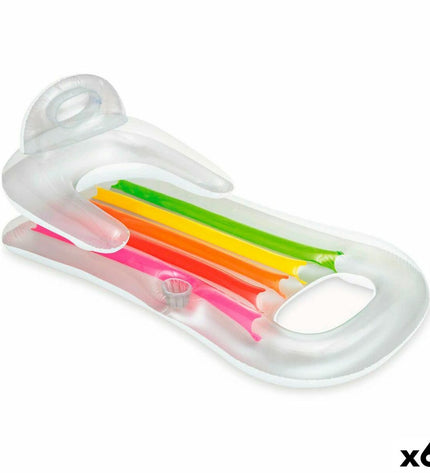 Six Intex inflatable rainbow pool chairs, 160 x 53 x 85 cm, suitable for outdoor and poolside relaxation.