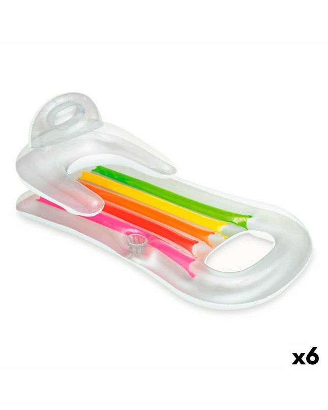 Six Intex inflatable rainbow pool chairs, 160 x 53 x 85 cm, suitable for outdoor and poolside relaxation.