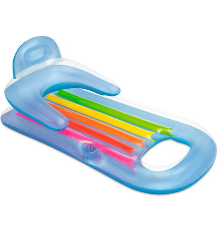 Six Intex inflatable rainbow pool loungers, colorful and comfortable, measuring 160x53x85 cm, for outdoor pool relaxation.