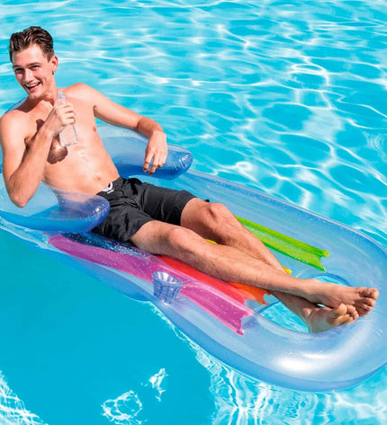 Six Intex inflatable rainbow pool chairs, colorful and large, measuring 160 x 53 x 85 cm, designed for outdoor swimming fun.