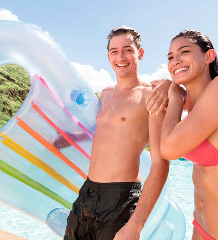 Six Intex inflatable rainbow pool chairs, colorful, 160x53x85 cm, designed for outdoor pool fun and relaxation.