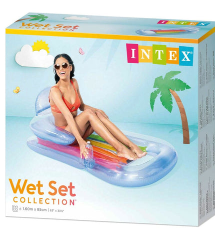 Six Intex inflatable rainbow pool loungers, colorful and durable, measuring 160 x 53 x 85 cm for outdoor swimming fun.