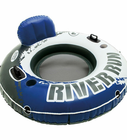 Six blue and white Intex River Run inflatable pool chairs, 135 cm long, designed for outdoor water fun and relaxation.