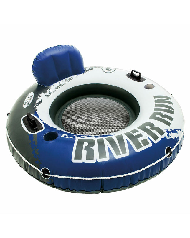 Six blue and white Intex River Run inflatable pool chairs, 135 cm long, designed for outdoor water fun and relaxation.