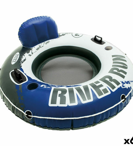 Six blue and white inflatable pool chairs by Intex, River Run style, 135 x 13.5 cm, suitable for outdoor fun and relaxation.