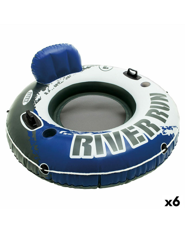Six blue and white inflatable pool chairs by Intex, River Run style, 135 x 13.5 cm, suitable for outdoor fun and relaxation.