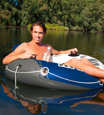 Six blue and white Intex River Run inflatable pool chairs, 135 x 13.5 cm, designed for swimming and outdoor fun.
