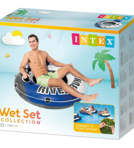 Set of six Intex inflatable pool chairs in blue and white, 135 cm long, designed for outdoor water fun and relaxation.