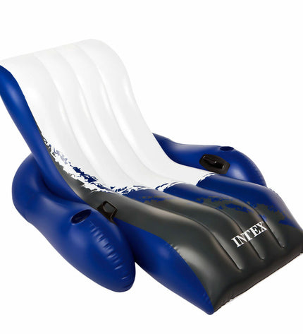 Three Intex inflatable blue and white floating pool recliners, 180x66x135 cm, designed for outdoor pool relaxation and fun.