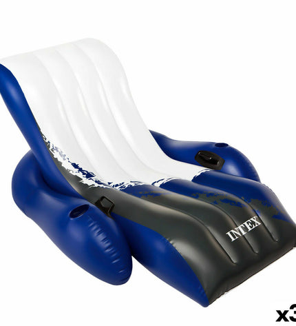 Three blue and white Intex inflatable pool recliners floating in water, measuring 180.3 x 66 x 134.6 cm, for outdoor relaxation.