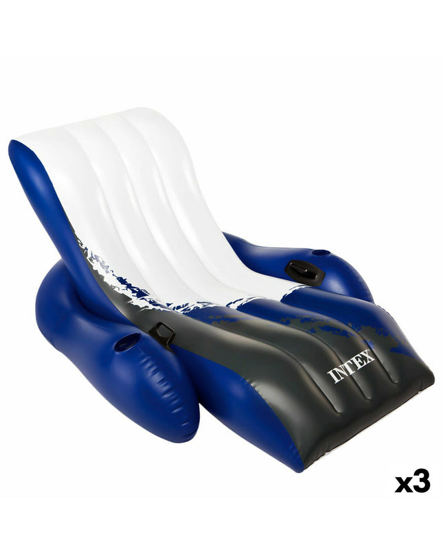 Three blue and white Intex inflatable pool recliners floating in water, measuring 180.3 x 66 x 134.6 cm, for outdoor relaxation.